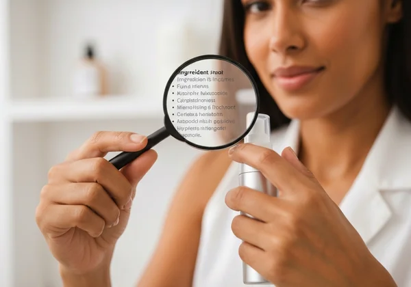 Person confidently analyzing a skincare product label.