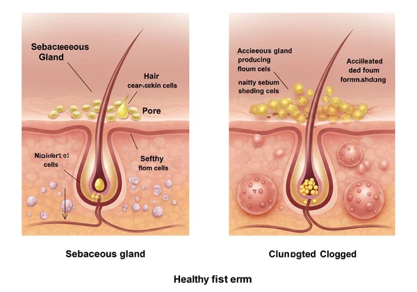 Rajah mikroskopik pori kulit sihat vs. tersumbat