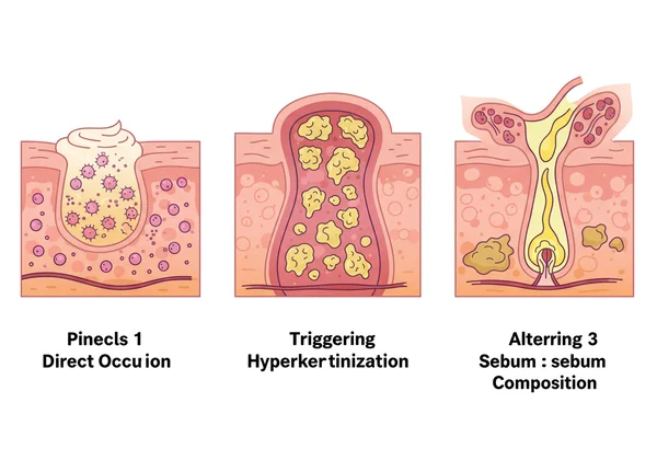 Tiga rajah menunjukkan ramuan menyebabkan penyumbatan pori
