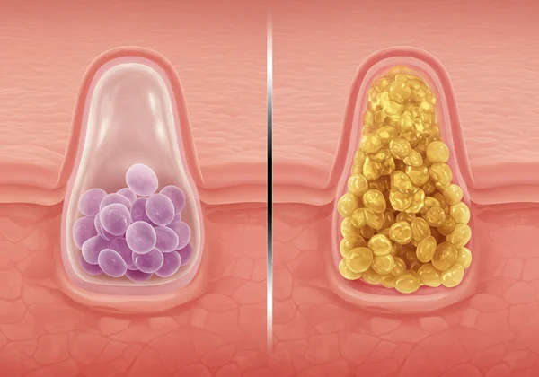 Pandangan diperbesarkan: liang pori kulit bersih berbanding liang pori tersumbat dengan sebum