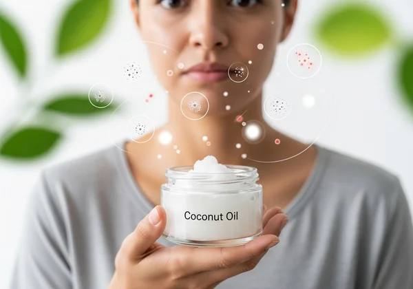 Confused person pondering coconut oil and acne concerns