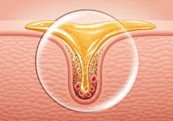 Thick oil film trapping debris in a skin pore