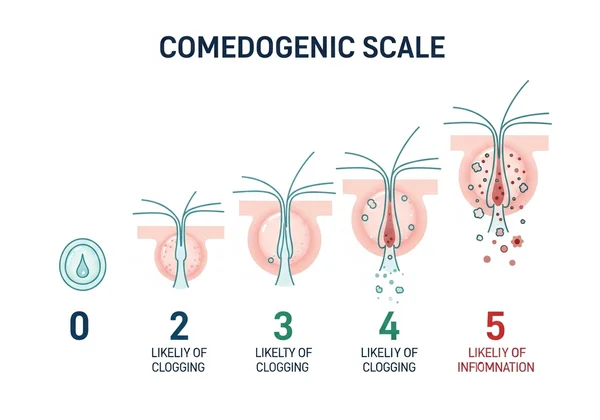 Diagram of comedogenic scale, showing pore clogging levels