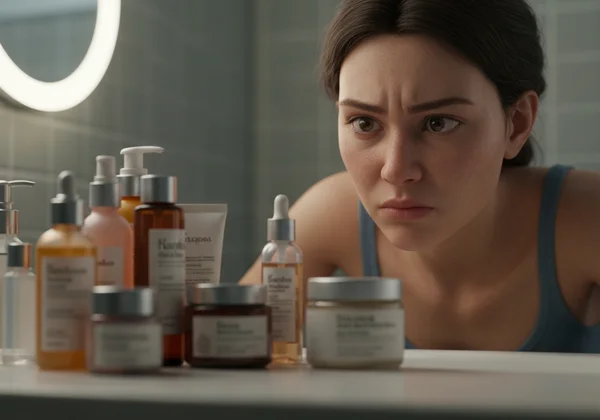 A person looking confused at many skincare products