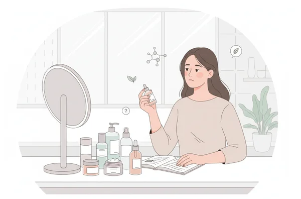 Woman examining skincare products for interactions